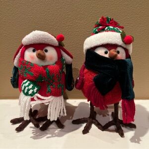 Set of 2 Christmas fabric birds holiday decor red hat scarves